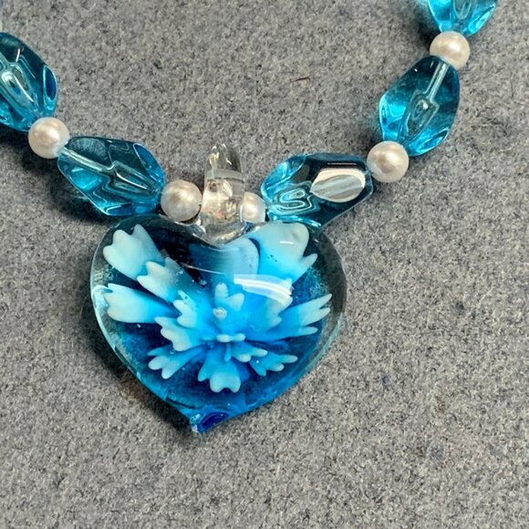 Glass Heart Pendant Necklace 18 In Pearl Turquoise Blue Silver Mermaid Flower - Picture 7 of 9